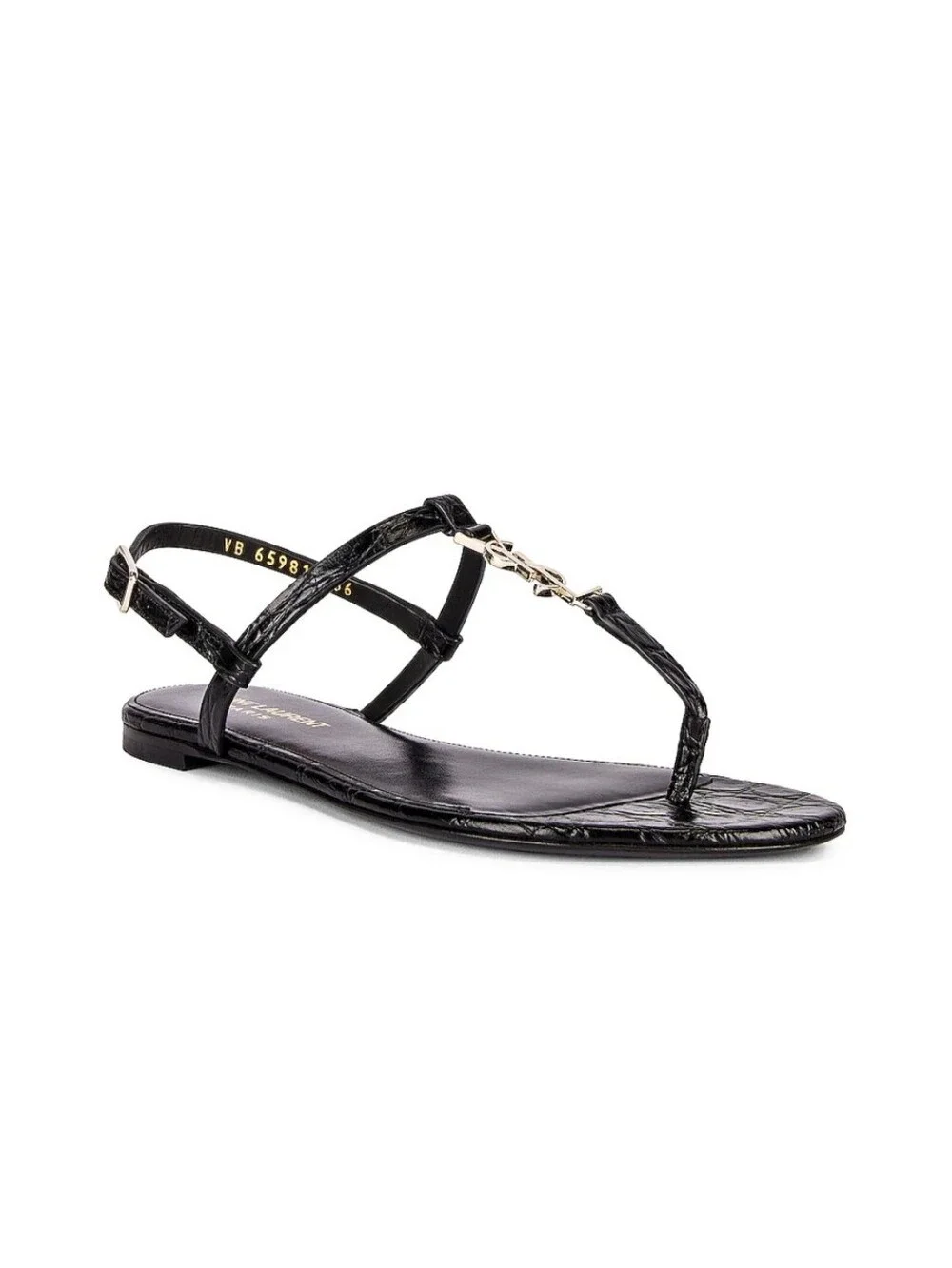 Saint Laurent Cassandra Embossed Croc Flat Sandals Black Size 6.5